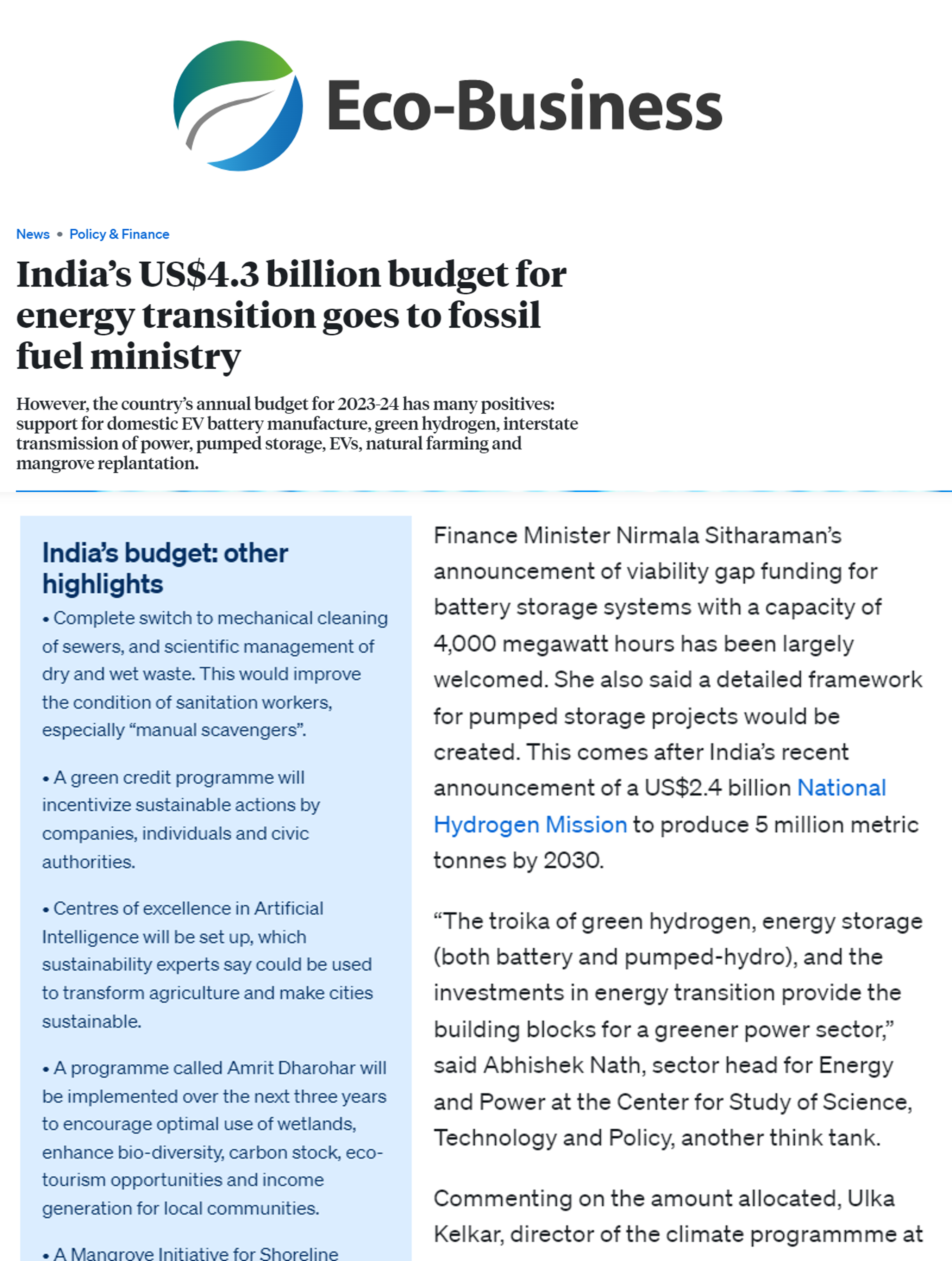 Abhishek Nath quoted by Eco-Business on the union budget announcements for a greener power sector